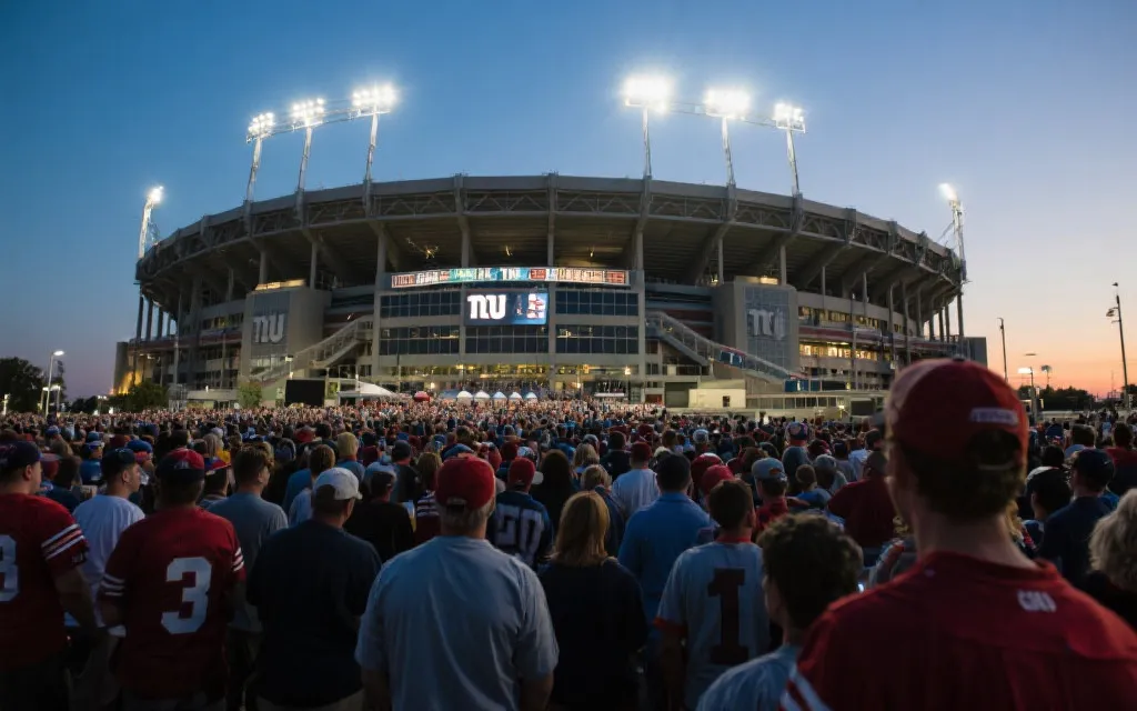 新泽西球场外球迷人潮与灯光，纪实摄影风格