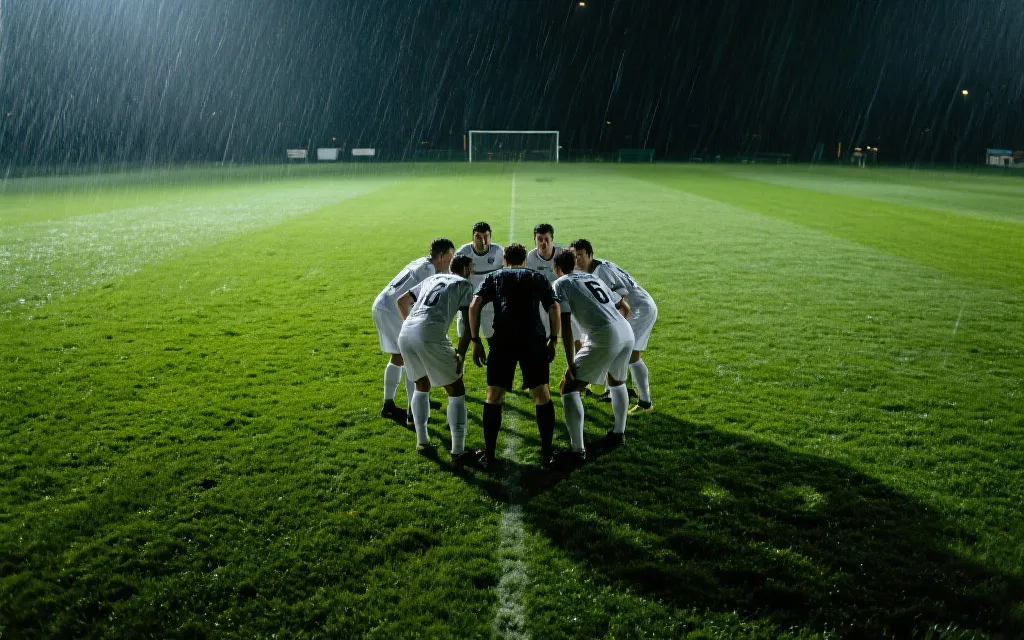四后卫与后腰在禁区前保持紧凑站位，雨夜或强光下的防守阵型