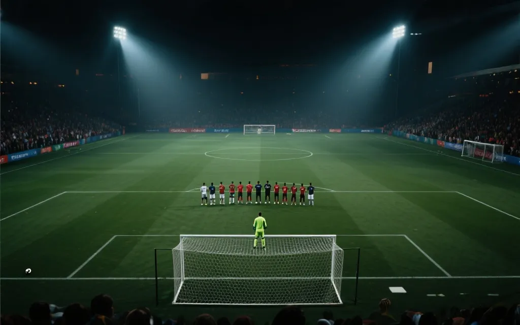 夜间球场点球大战氛围，球员站在中圈等待，门将面对点球点，紧张电影感