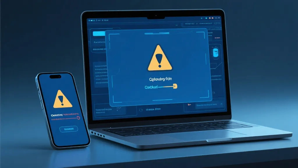 手机与笔记本屏幕上出现安全警示与钓鱼提示的概念画面，冷色调